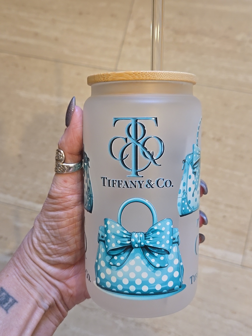 Designer Inspired Frosted Glass Tumbler with Straw - Picture 9 of 9
